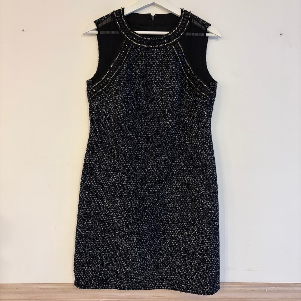 Donna Morgan Womens Black‎ Tweed Beaded Mesh Sleeveless Sheath Dress Size 4